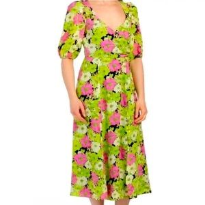 WAYF Floral Puff Sleeve Midi Green Dress 👗